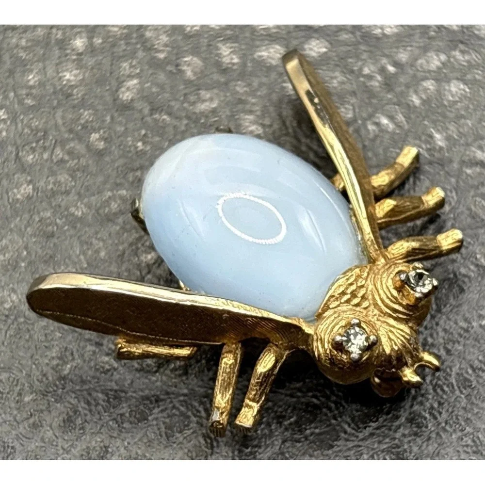 Vintage Jelly Belly Bee Insect Brooch Faux Moonstone Cabochon Crystal Rhinestone